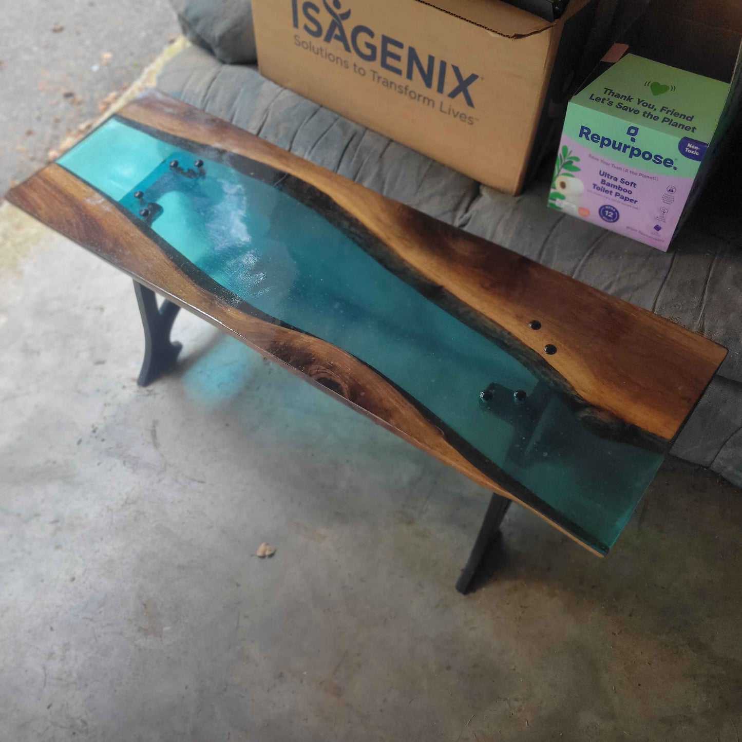 Handcrafted Black Walnut River Coffee Table with Cast Iron Legs 47"L x 15"W x 17 - Invictus Supply Co.