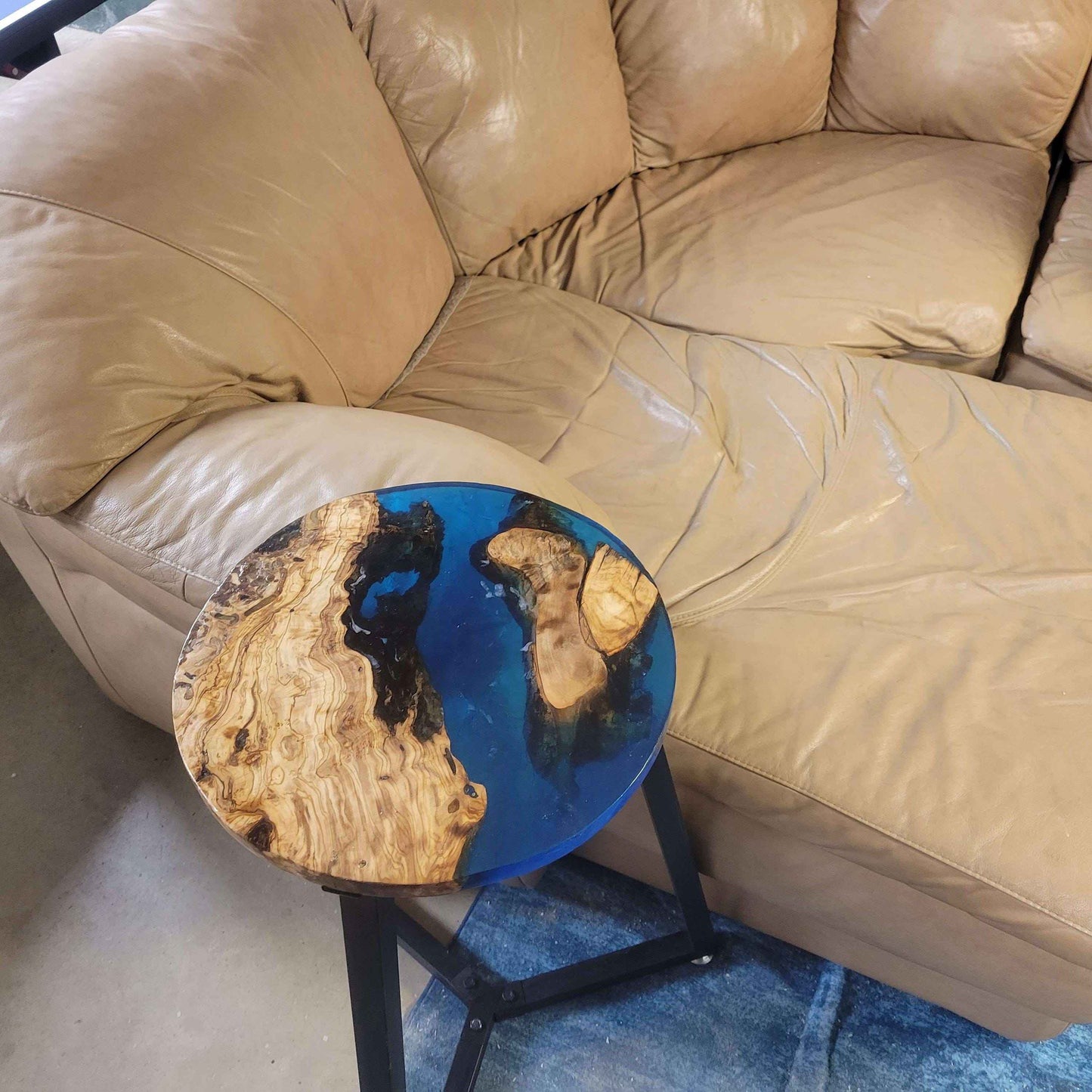 Olive Wood Ocean Epoxy End Table 16"L x 16"W x 30"H w/ Steel Legs - Invictus Supply Co.