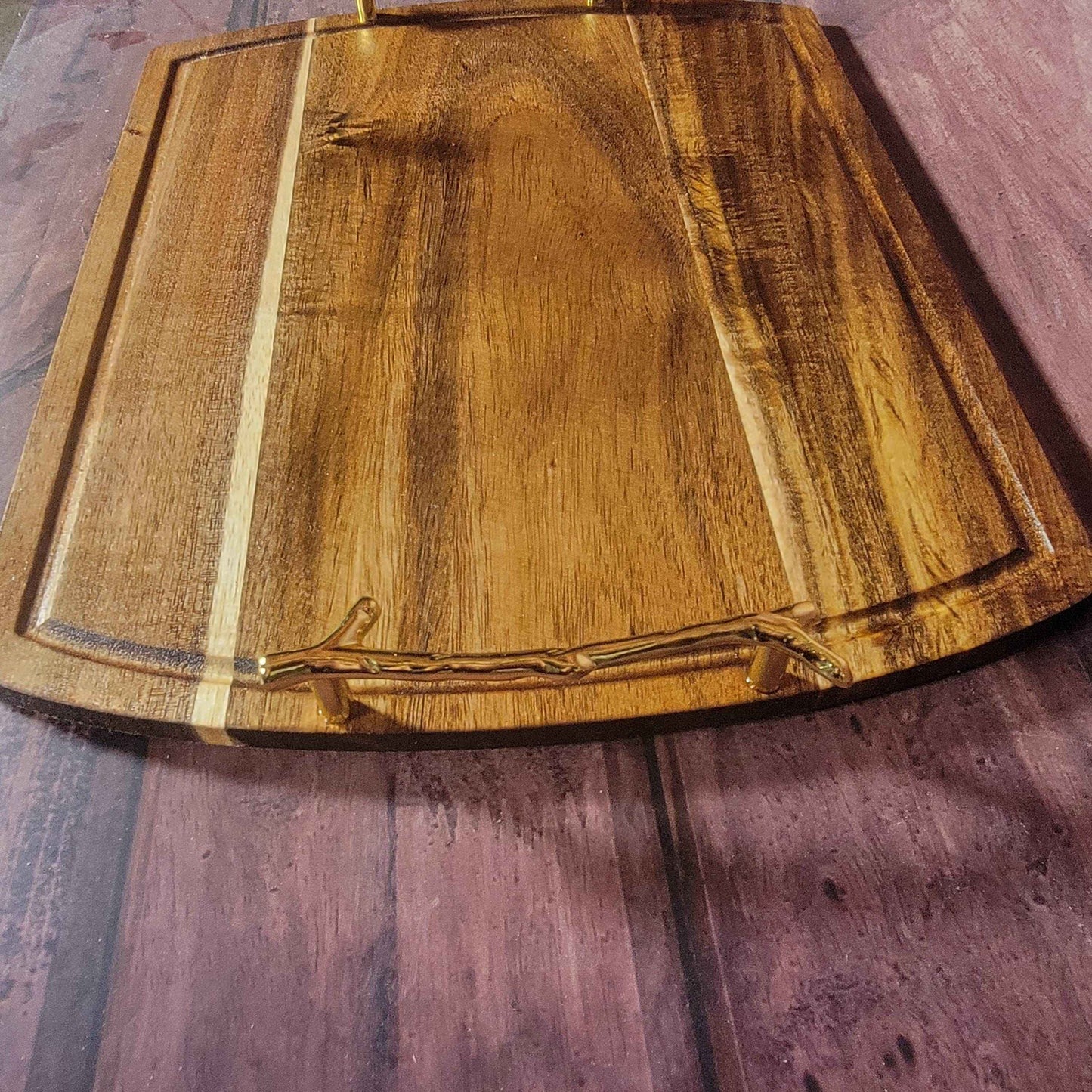 Fine Acacia Wood 14"w x 11"h Cutting/Charcuterie Board W/ Gold Branch Handles - Invictus Supply Co.