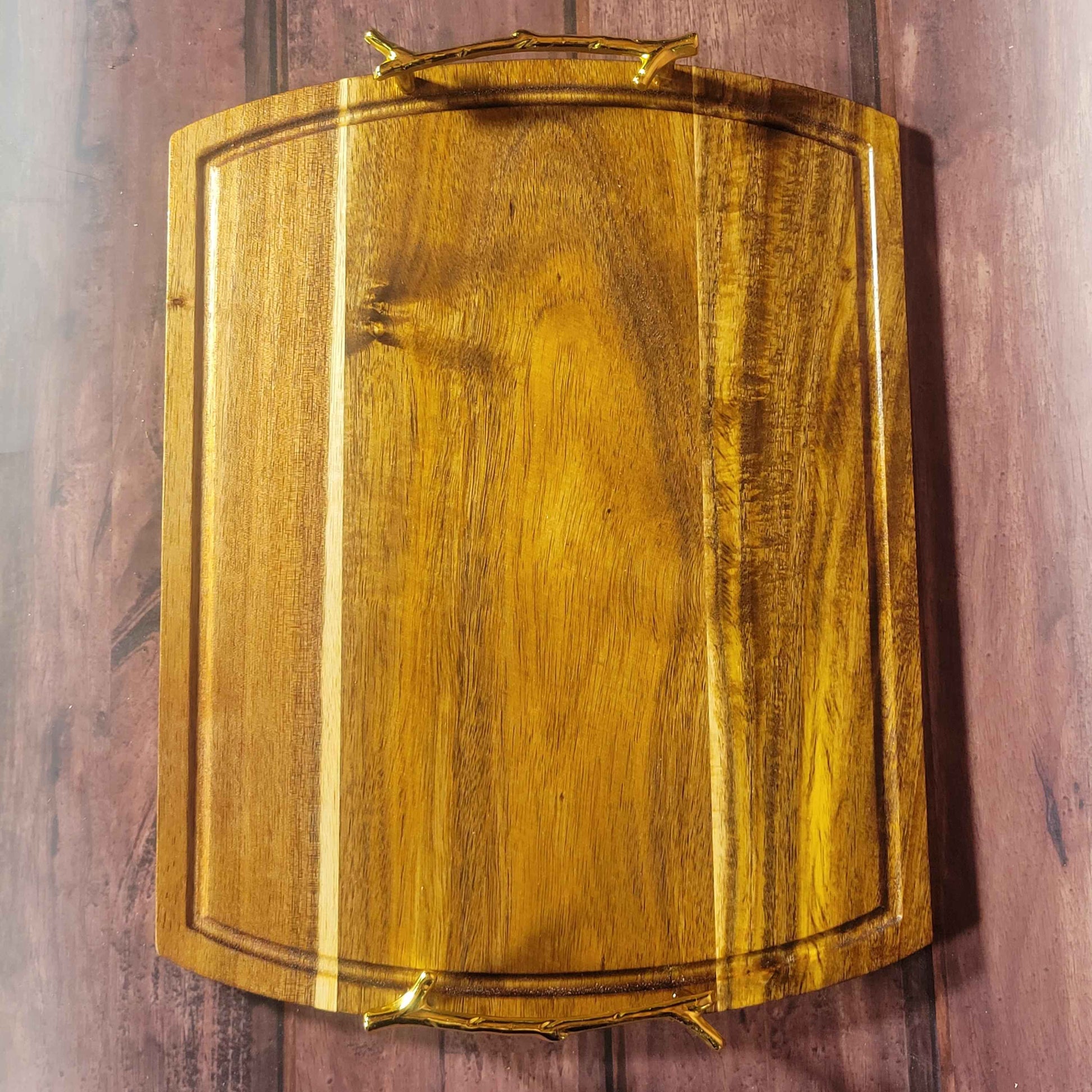 Fine Acacia Wood 14"w x 11"h Cutting/Charcuterie Board W/ Gold Branch Handles - Invictus Supply Co.