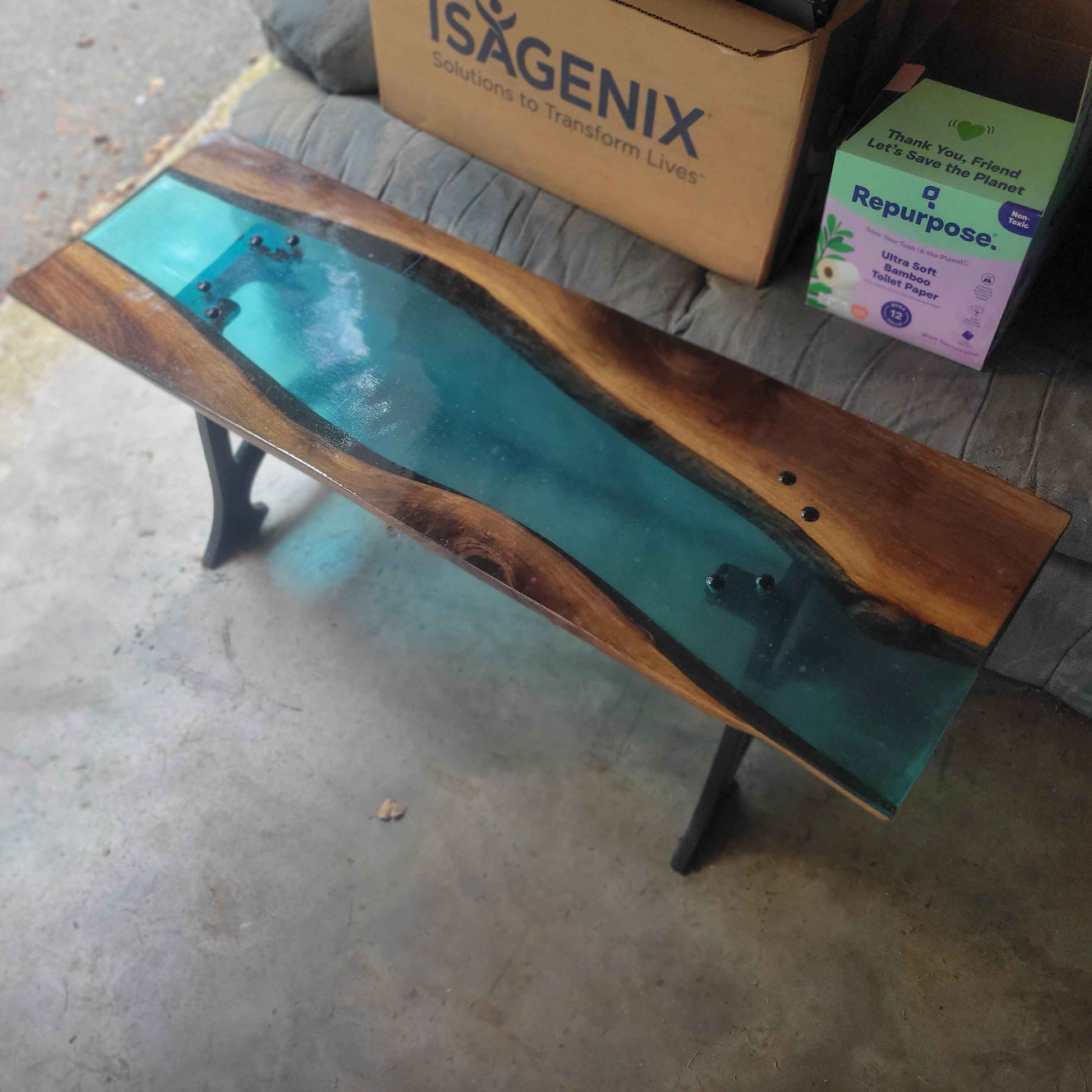 Handcrafted Black Walnut River Coffee Table with Cast Iron Legs 47"L x 15"W x 17 - Invictus Supply Co.