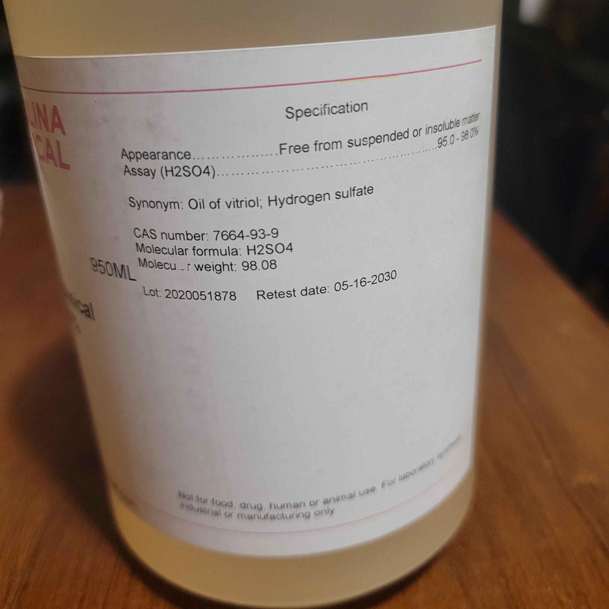 950ml Sulfuric Acid H2SO4 95-98% Purity Lab Grade - Invictus Supply Co.