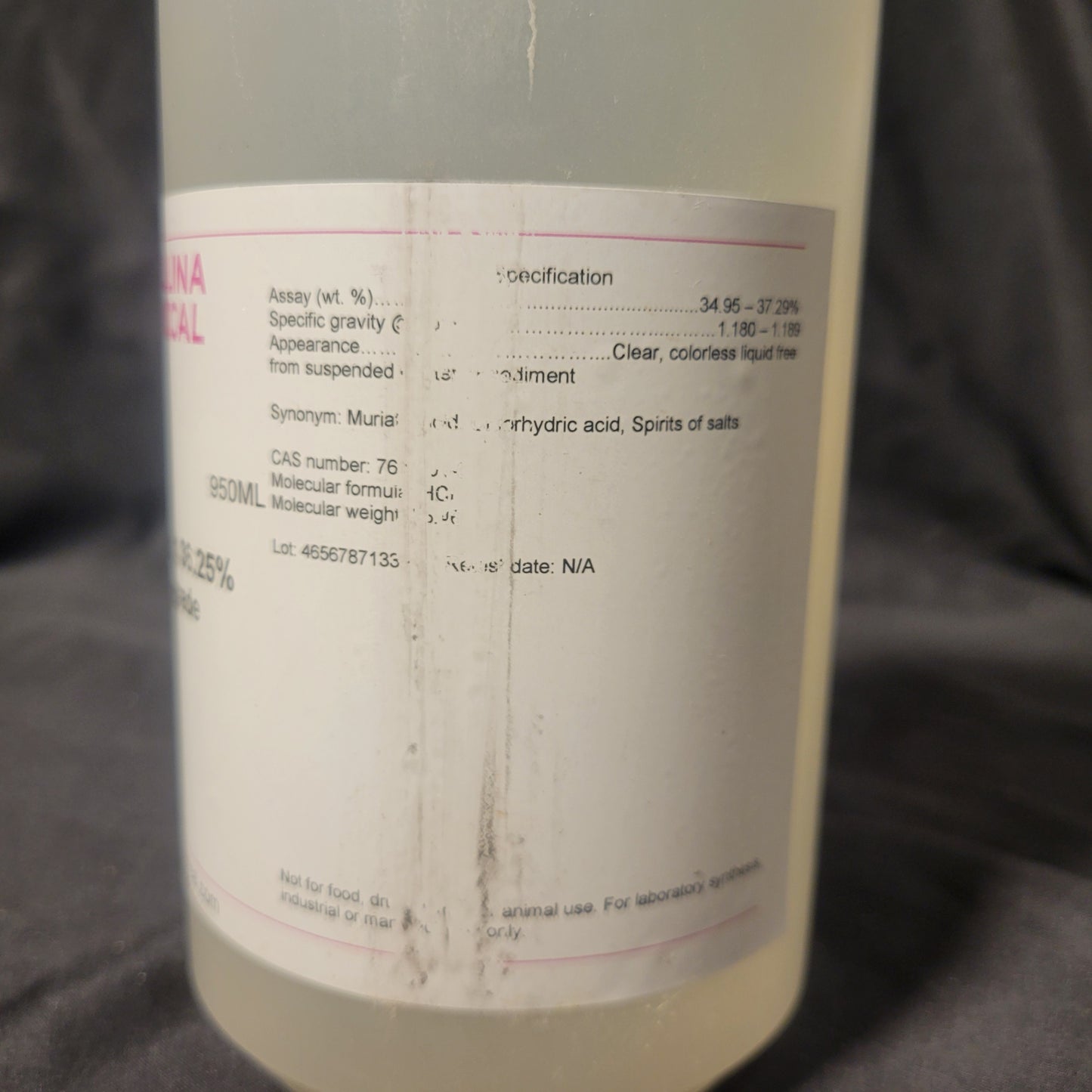 950ml Hydrochloric Acid Industrial Grade (36.25%) - Invictus Supply Co.