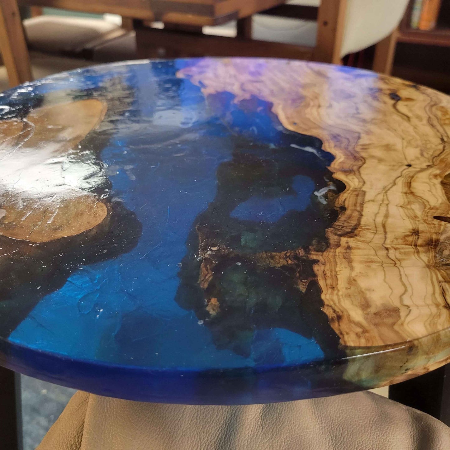 Olive Wood Ocean Epoxy End Table 16"L x 16"W x 30"H w/ Steel Legs - Invictus Supply Co.