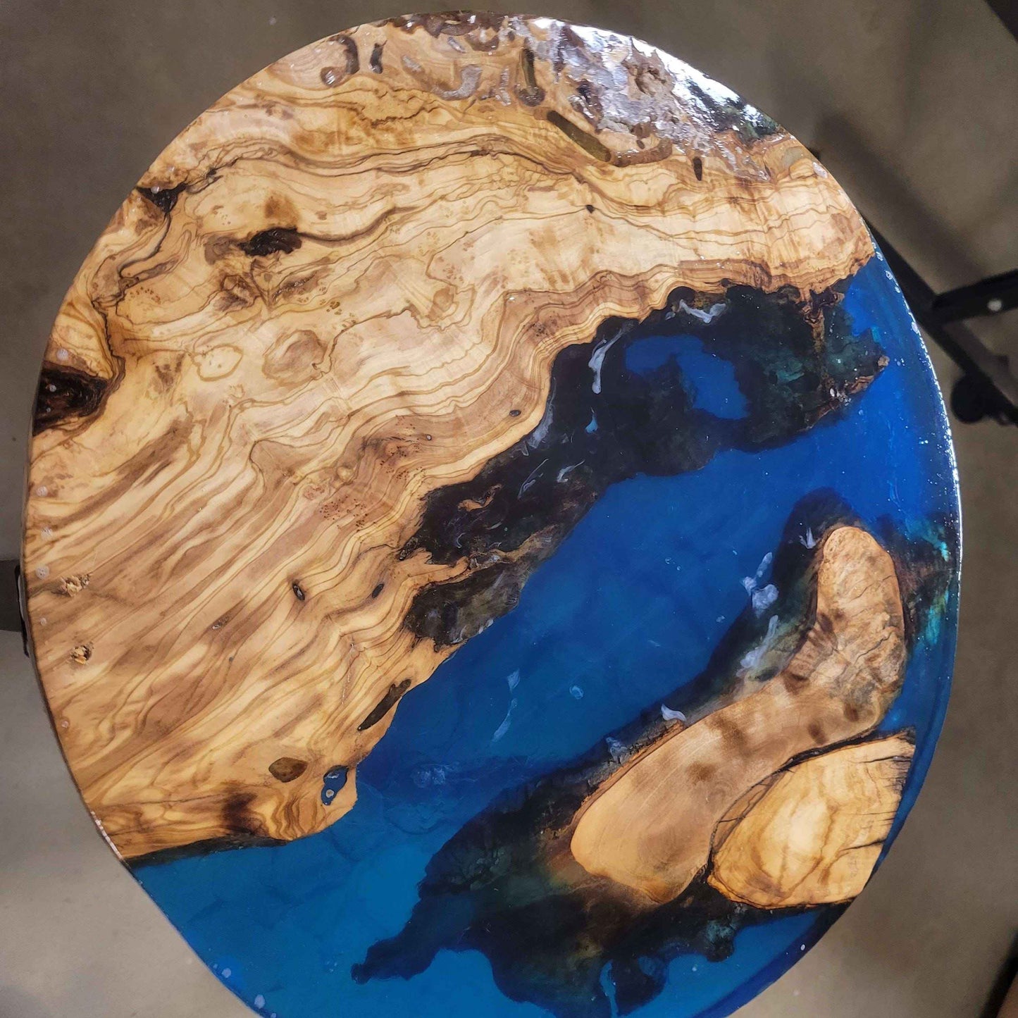 Olive Wood Ocean Epoxy End Table 16"L x 16"W x 30"H w/ Steel Legs - Invictus Supply Co.