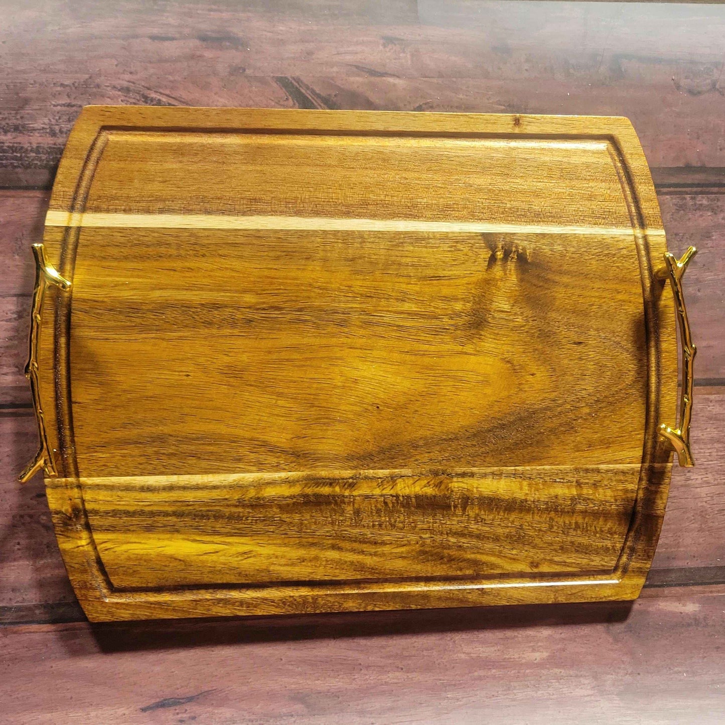 Fine Acacia Wood 14"w x 11"h Cutting/Charcuterie Board W/ Gold Branch Handles - Invictus Supply Co.