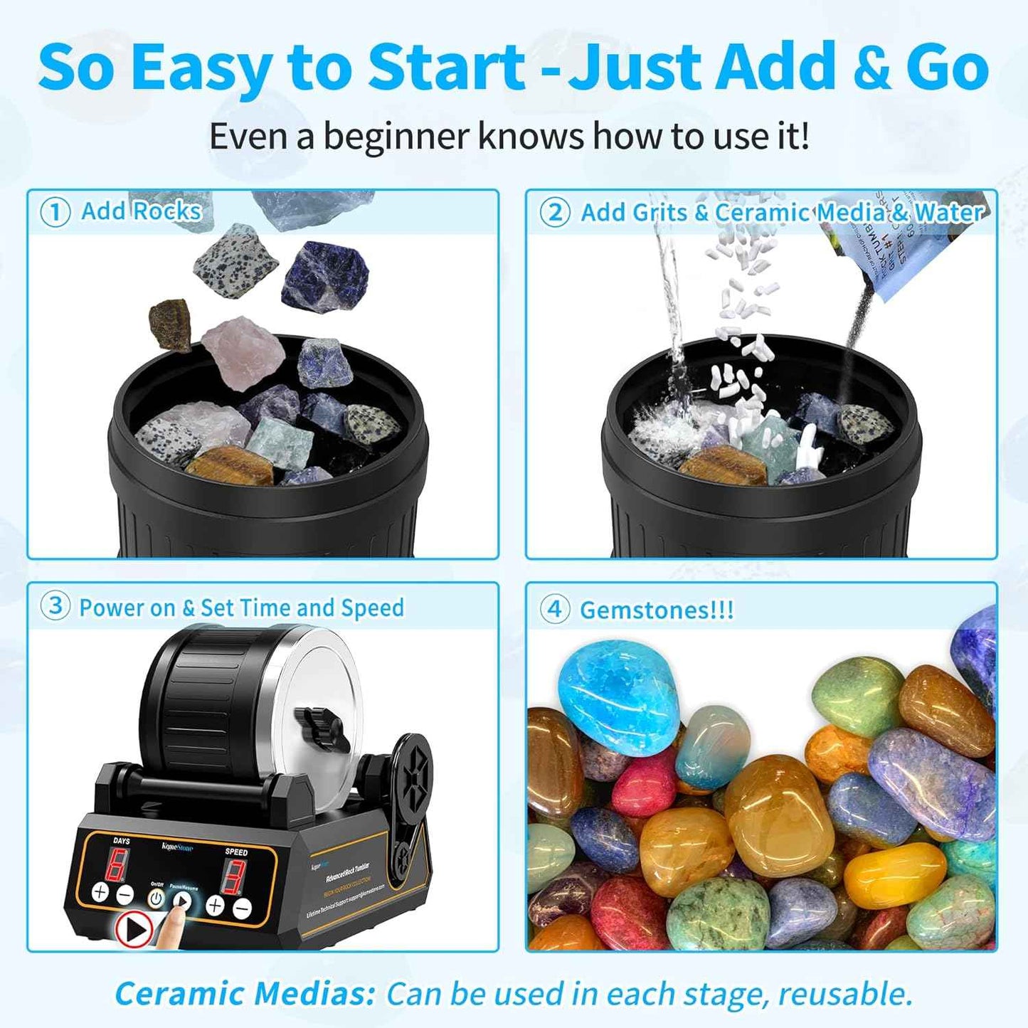 Professional Cutting-Edge Brushless Motor Advanced Ball Mill/Rock Tumbler Polisher Kit, Large 2.5Lb Barrel with 3-Speed & 9-Day Timer, Includes All Accessories, Ideal Gift for Adults & Collectors