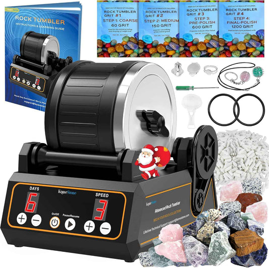 Professional Cutting-Edge Brushless Motor Advanced Ball Mill/Rock Tumbler Polisher Kit, Large 2.5Lb Barrel with 3-Speed & 9-Day Timer, Includes All Accessories, Ideal Gift for Adults & Collectors