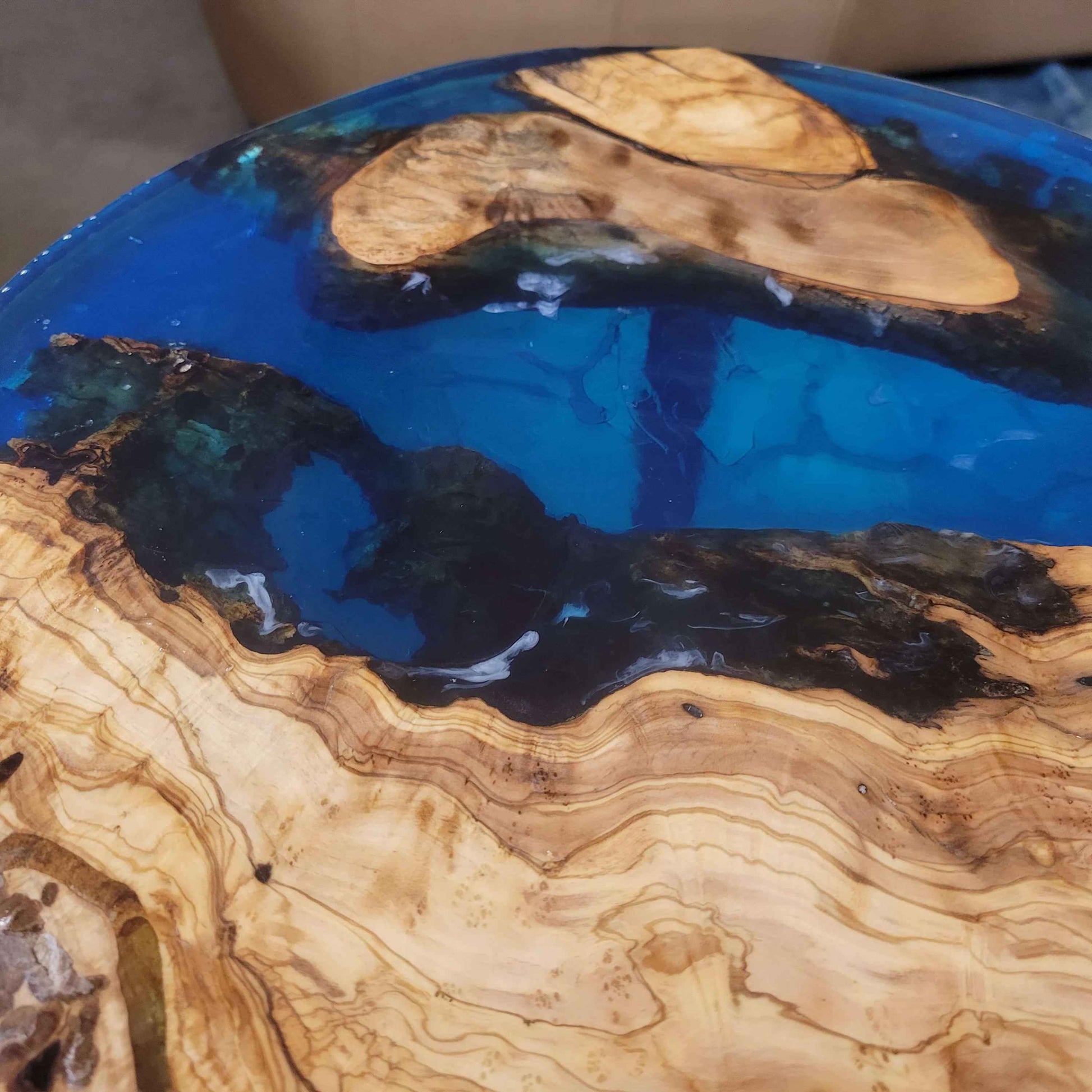 Olive Wood Ocean Epoxy End Table 16"L x 16"W x 30"H w/ Steel Legs - Invictus Supply Co.