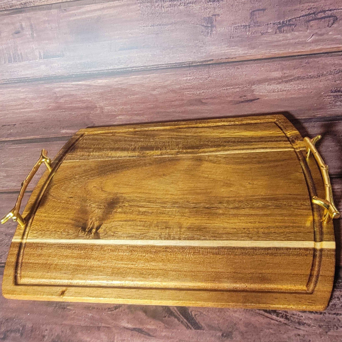 Fine Acacia Wood 14"w x 11"h Cutting/Charcuterie Board W/ Gold Branch Handles - Invictus Supply Co.