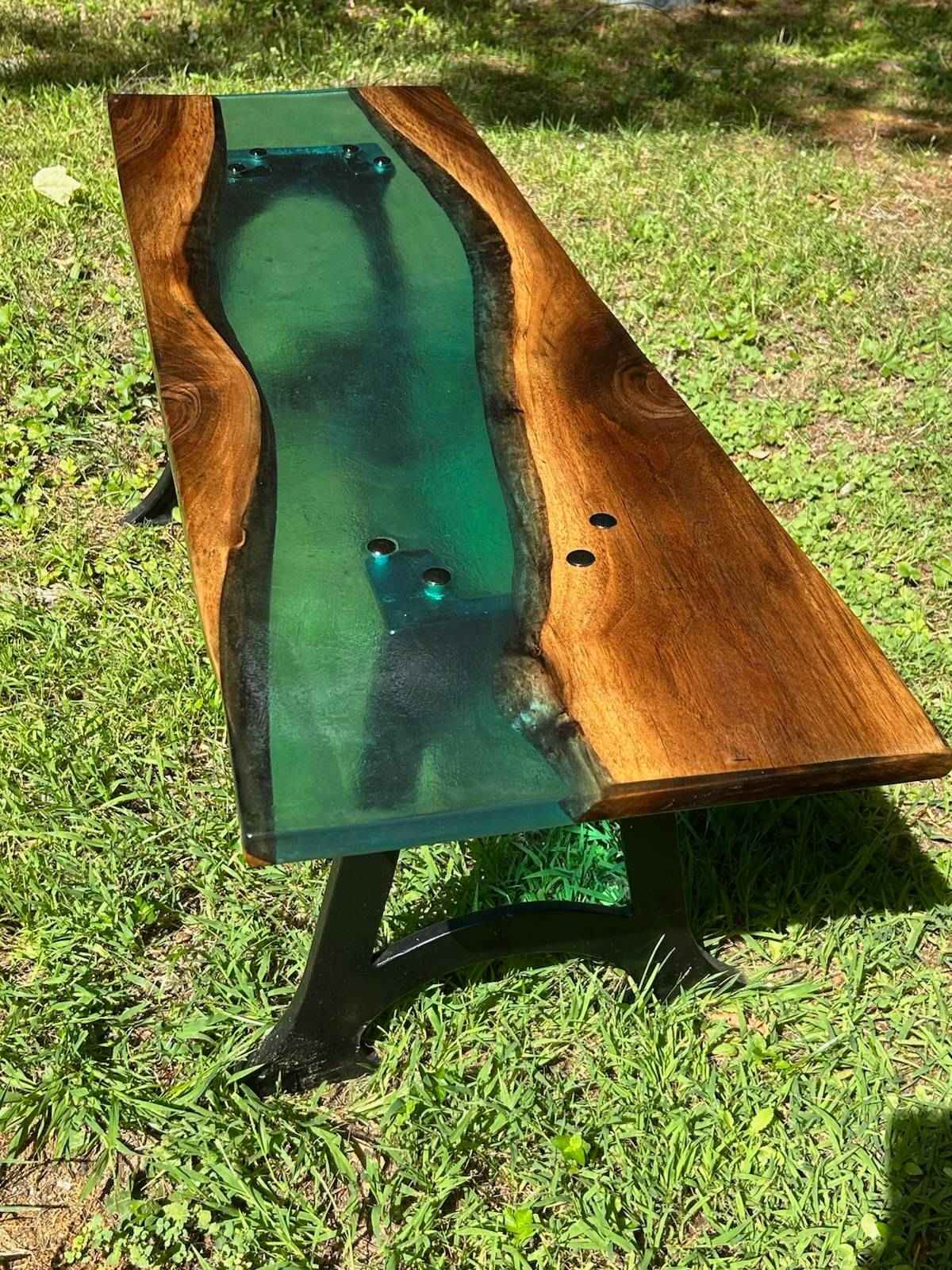 Handcrafted Black Walnut River Coffee Table with Cast Iron Legs 47"L x 15"W x 17 - Invictus Supply Co.