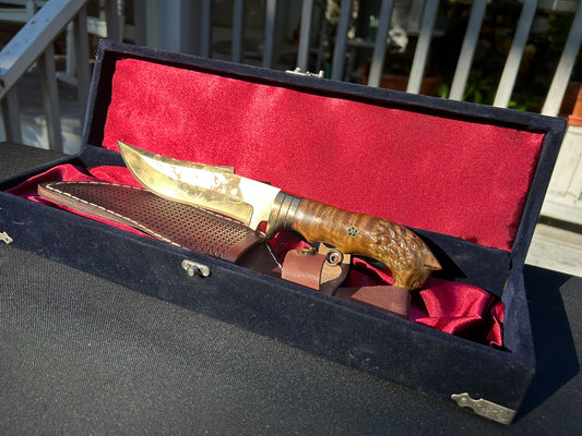 24K Gold Plated "The Alpha" Hunting Knife W/ Fine Leather Sheath & Velvet Display Case
