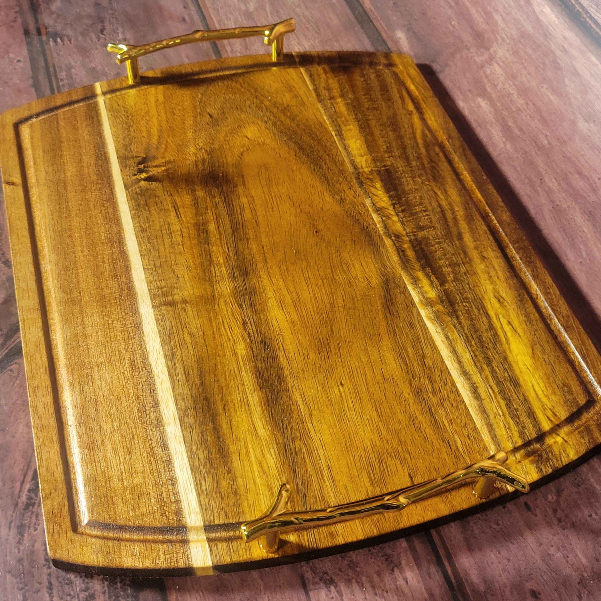Fine Acacia Wood 14"w x 11"h Cutting/Charcuterie Board W/ Gold Branch Handles - Invictus Supply Co.