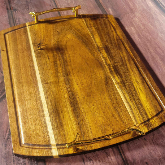 Fine Acacia Wood 14"w x 11"h Cutting/Charcuterie Board W/ Gold Branch Handles - Invictus Supply Co.