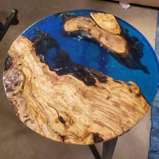 Olive Wood Ocean Epoxy End Table 16"L x 16"W x 30"H w/ Steel Legs - Invictus Supply Co.