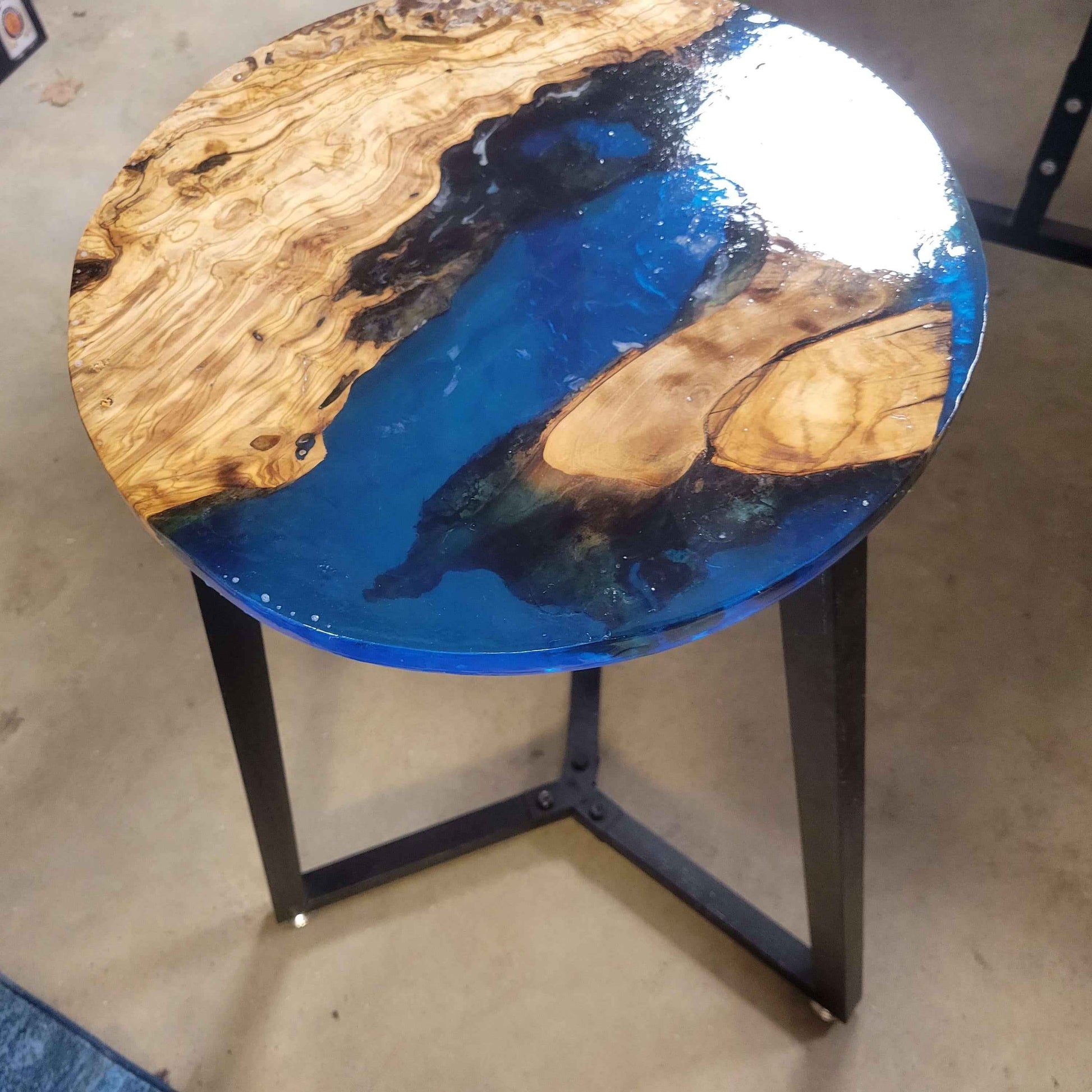Olive Wood Ocean Epoxy End Table 16"L x 16"W x 30"H w/ Steel Legs - Invictus Supply Co.