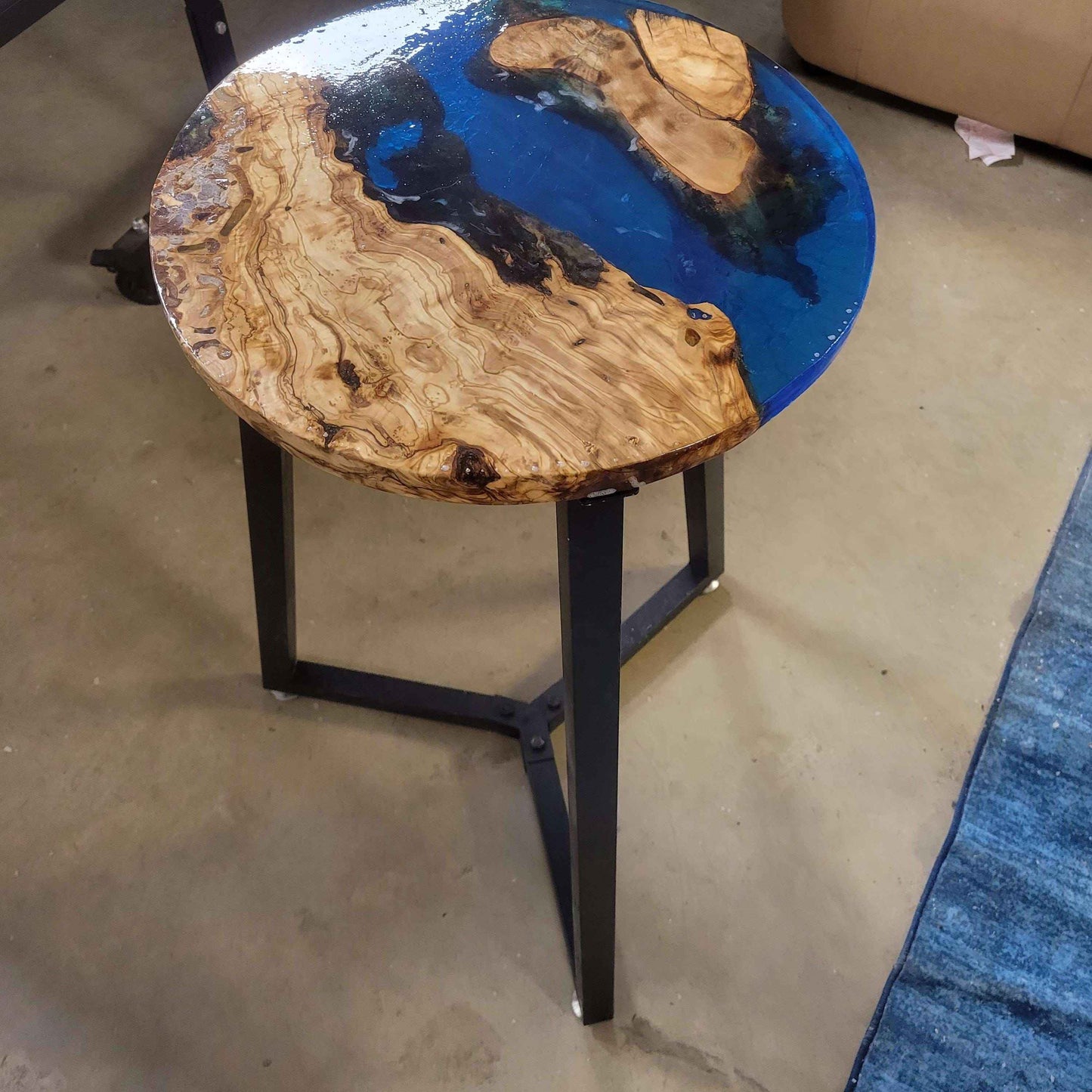 Olive Wood Ocean Epoxy End Table 16"L x 16"W x 30"H w/ Steel Legs - Invictus Supply Co.