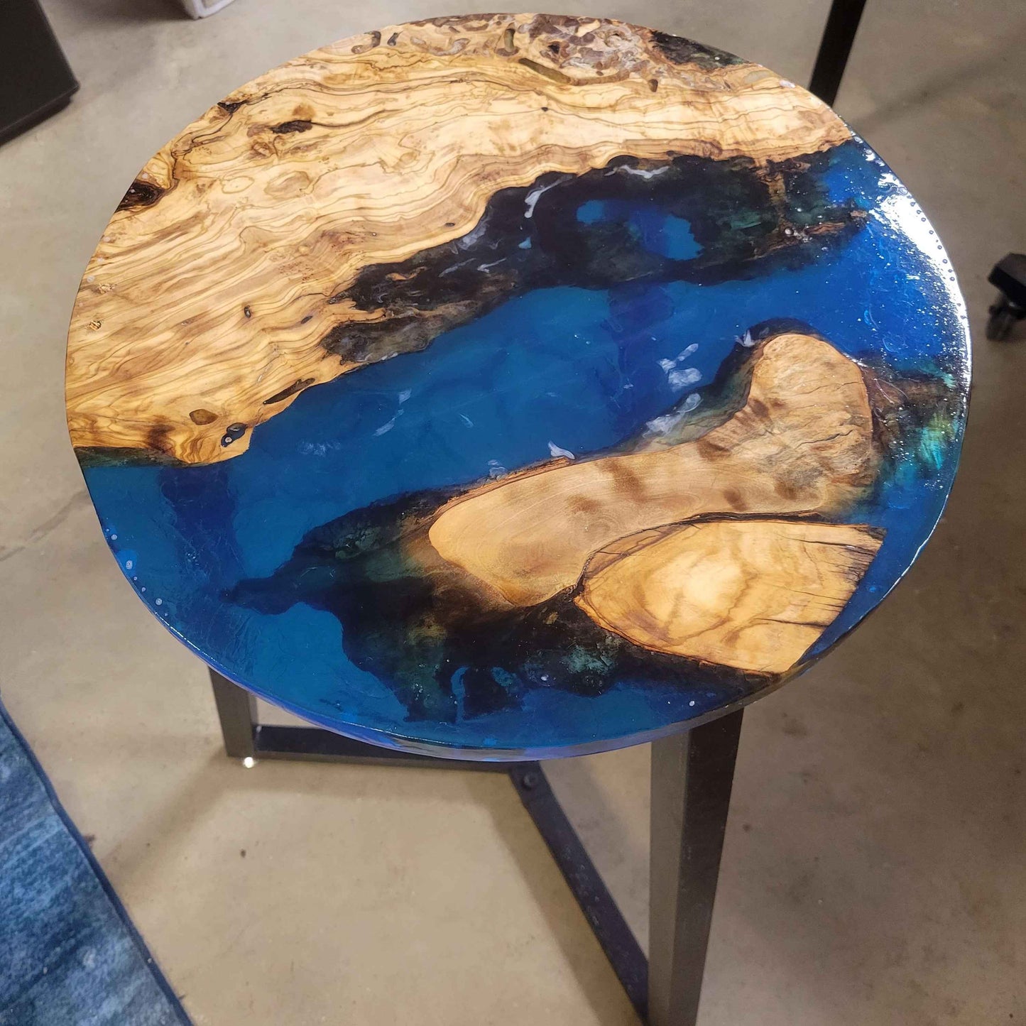 Olive Wood Ocean Epoxy End Table 16"L x 16"W x 30"H w/ Steel Legs - Invictus Supply Co.