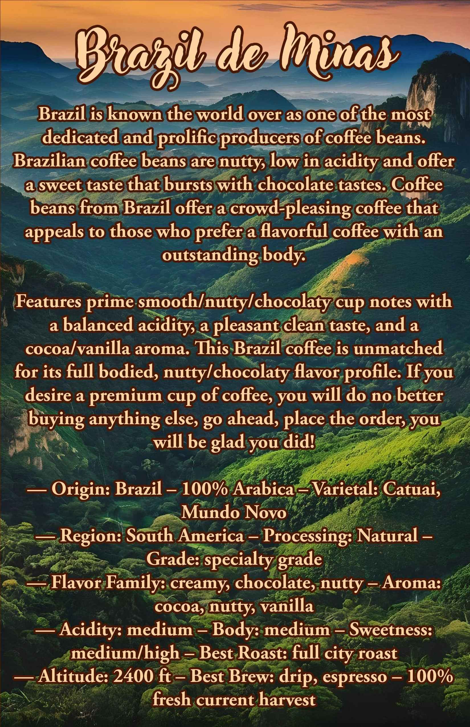 12 Oz Brazil de Minas Coffee | 100% Arabica Coffee Beans | - Invictus Supply Co.