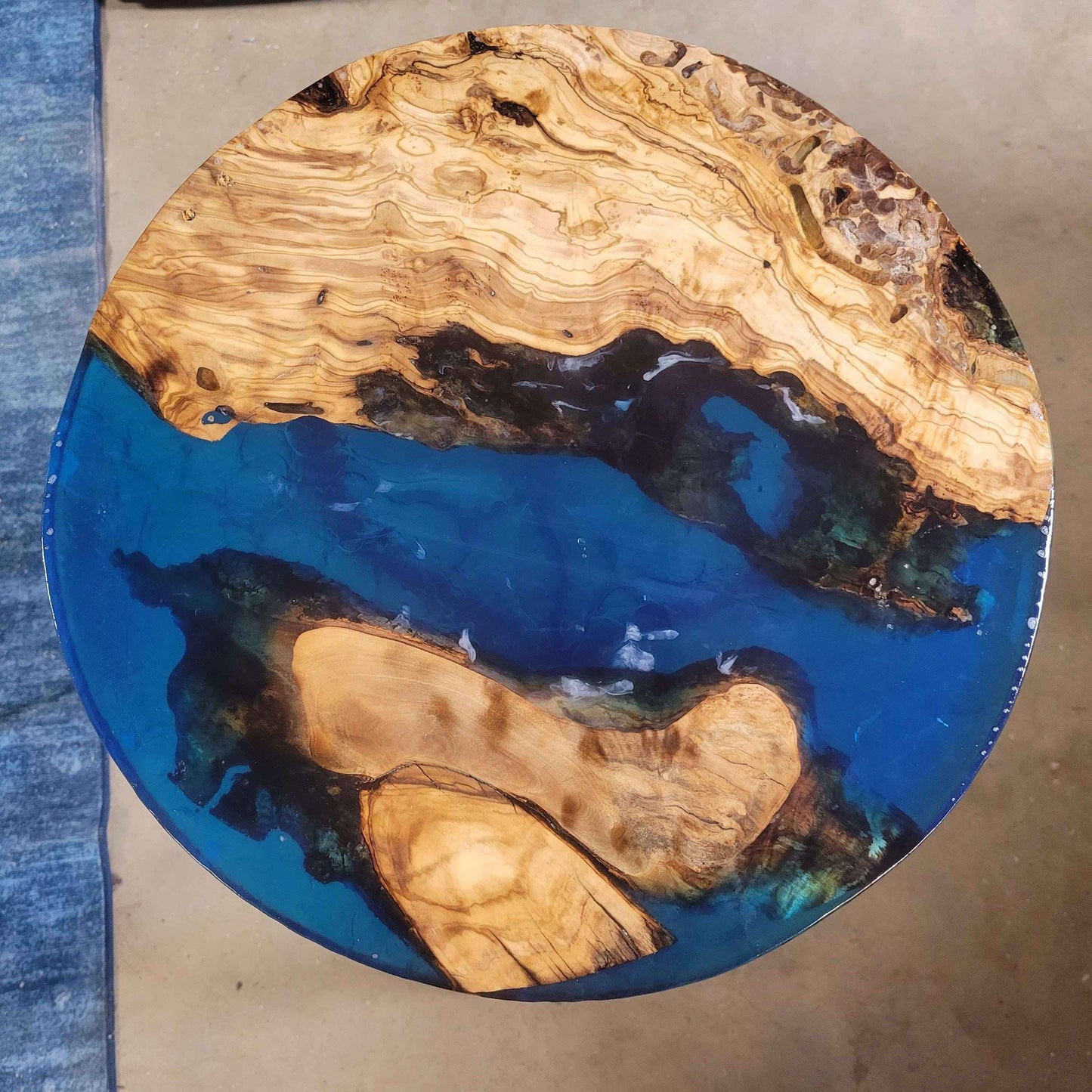 Olive Wood Ocean Epoxy End Table 16"L x 16"W x 30"H w/ Steel Legs - Invictus Supply Co.