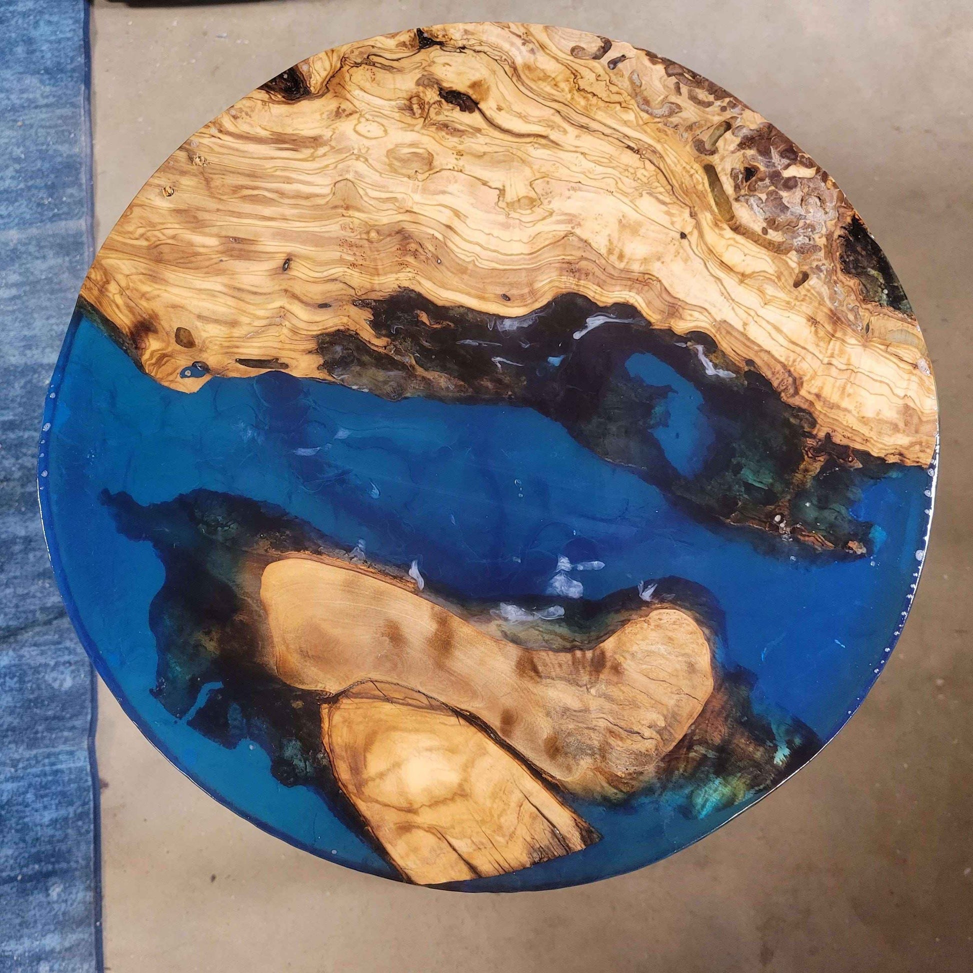 Olive Wood Ocean Epoxy End Table 16"L x 16"W x 30"H w/ Steel Legs - Invictus Supply Co.